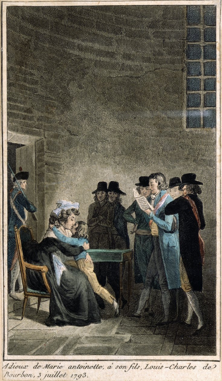 Maria Antonieta (1755-1793) se despede de seu filho Delfim, Louis-Charles de Bourbon (1785-1795) no Templo, em 3 de julho de 1793 (gravura colorida feita na época da restauração da mona de French School