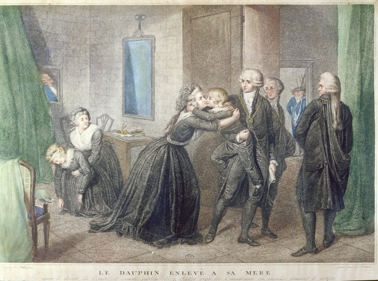 Maria Antonieta (1755-1793) se despede de seu filho, o Delfim, Louis-Charles de Bourbon (1785-1795) no Templo, em 3 de julho de 1793, (gravura colorida) de French School