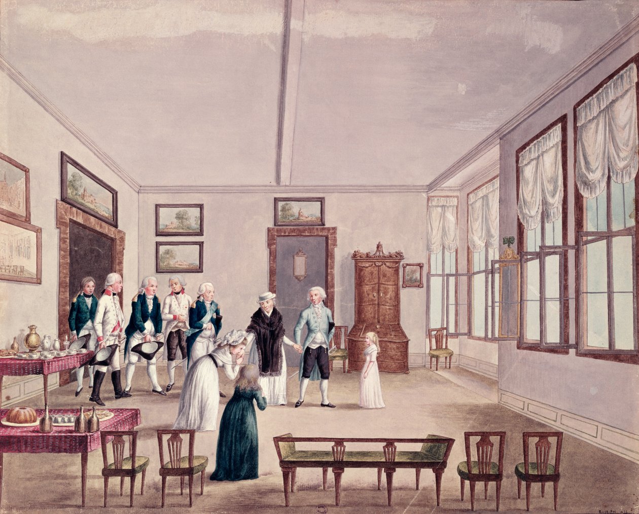 Marie-Therese-Charlotte de Bourbon, Madame Royale, conhece seus primos Imperador Francisco II da Áustria e sua esposa Maria Teresa em Viena após sua libertação em 1795 da prisão em Paris, c.1796 (wc de French School