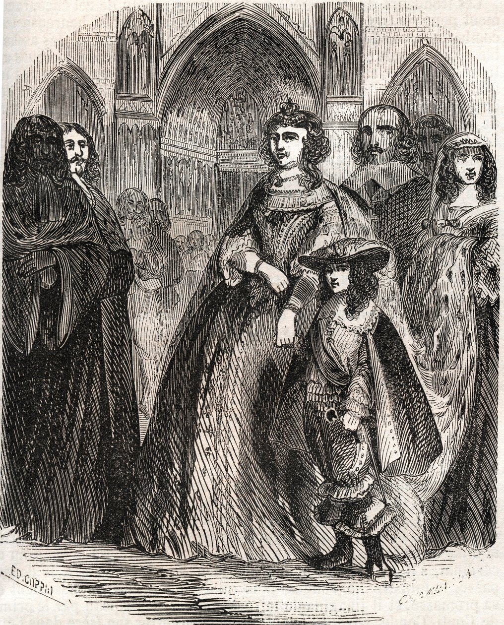 Marie de Medicis (1573-1642), rainha da França e regente do reino com seu filho Luís XIII indo para Notre-Dame de Paris - no "Histoire de France" de L.-P. Anquetil de French School