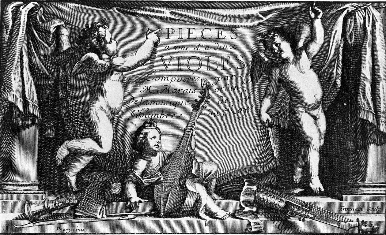 Marin Marais, frontispício de "Pieces a une et feux viololes" (Peças a une et feux viololes) de French School