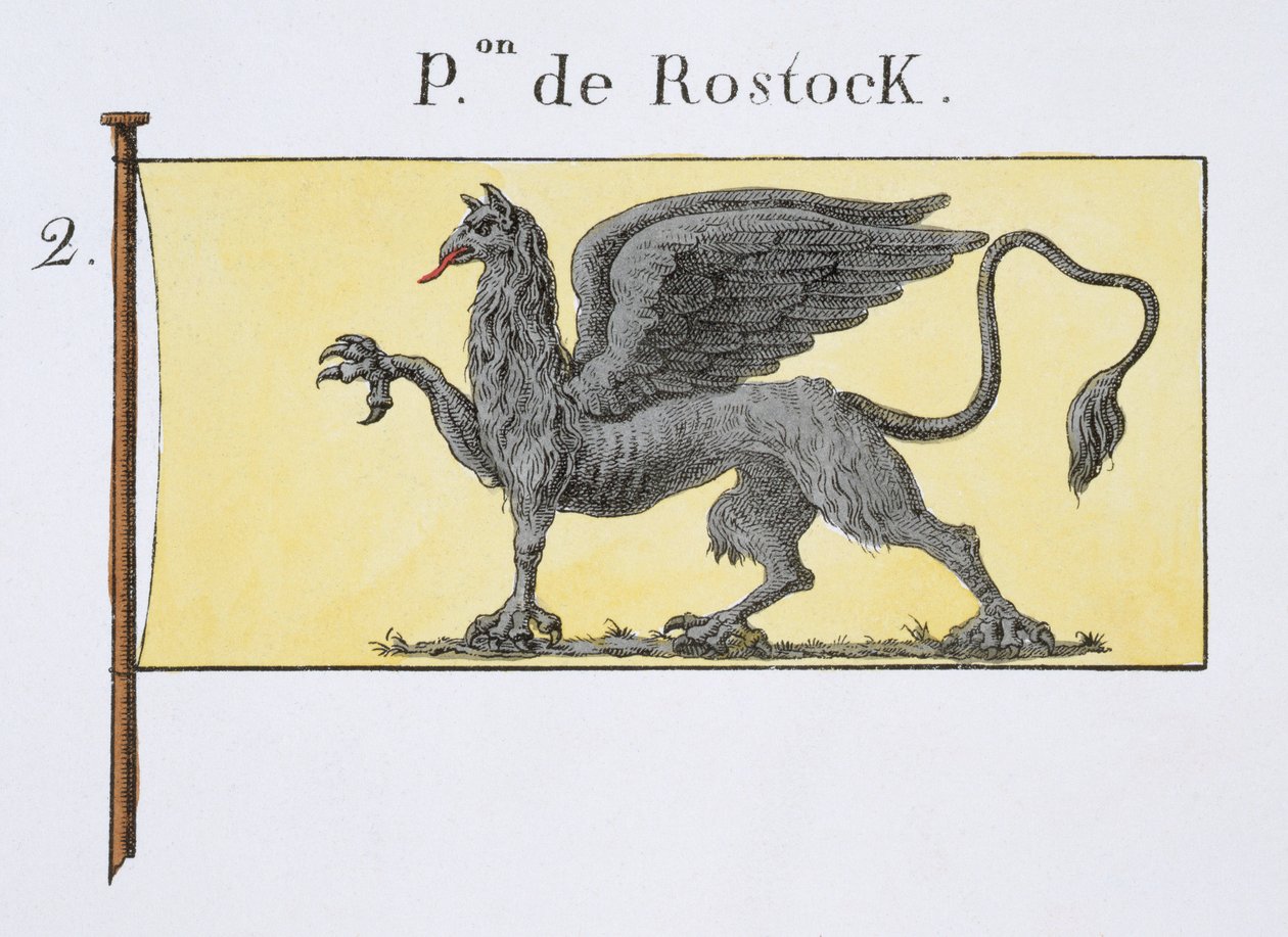 Bandeira marítima com emblema de Griffin denoting de Rostock Crest, de um livro francês de bandeiras, c.1819 de French School