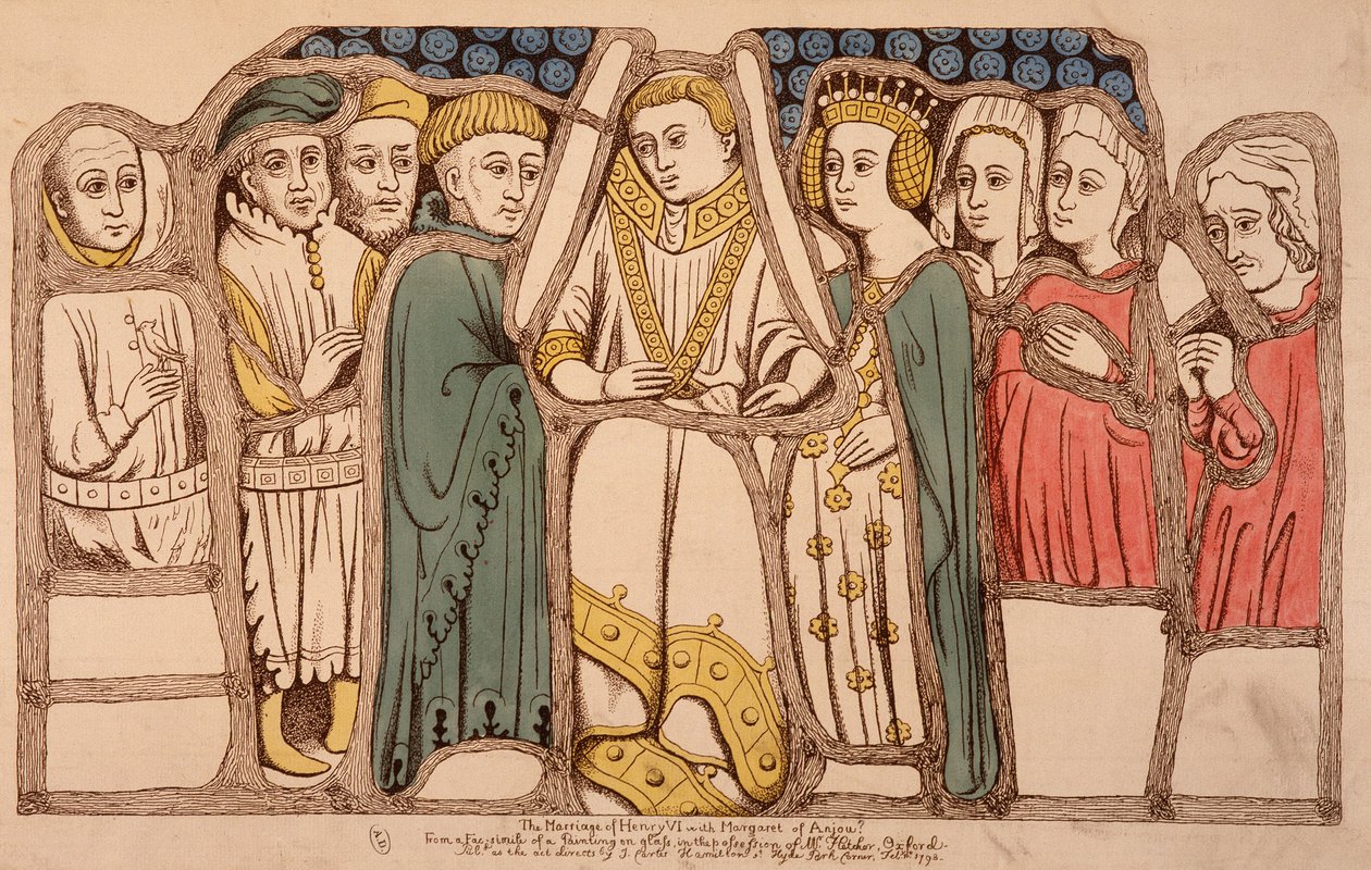 Casamento de Henrique VI da Inglaterra (1421 - 1471) e Margarita de Anjou (1429 - 1482) em 1445. Gravura a partir de 1793. Bibl. of Arts Deco em Paris. de French School