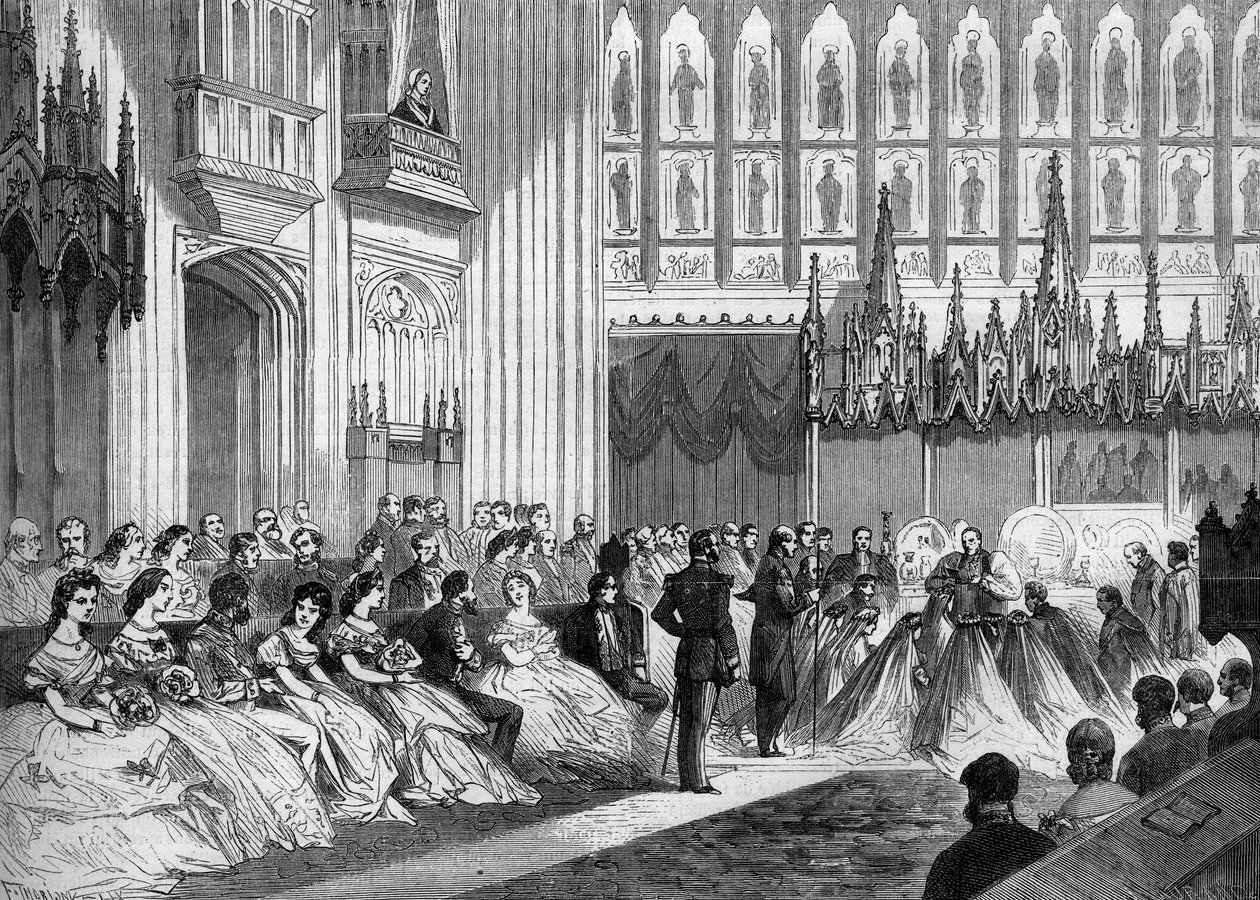 Casamento do Príncipe de Gales (1841-1910), futuro Rei da Inglaterra Eduardo VII, com a Princesa Alexandra da Dinamarca (1844-1925) celebrou 10 de Março de 1863 em Windsor, Inglaterra. Gravura no "Le Monde Illustré" n°310 de 21 de Março de 1863. de French School