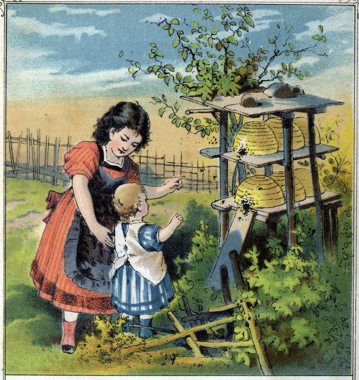 Martha mostra o trabalho das abelhas da colmeia à sua irmãzinha. Cromolitografia da editora "Scenes enfantines". Guerin - Muller por volta de 1885. de French School