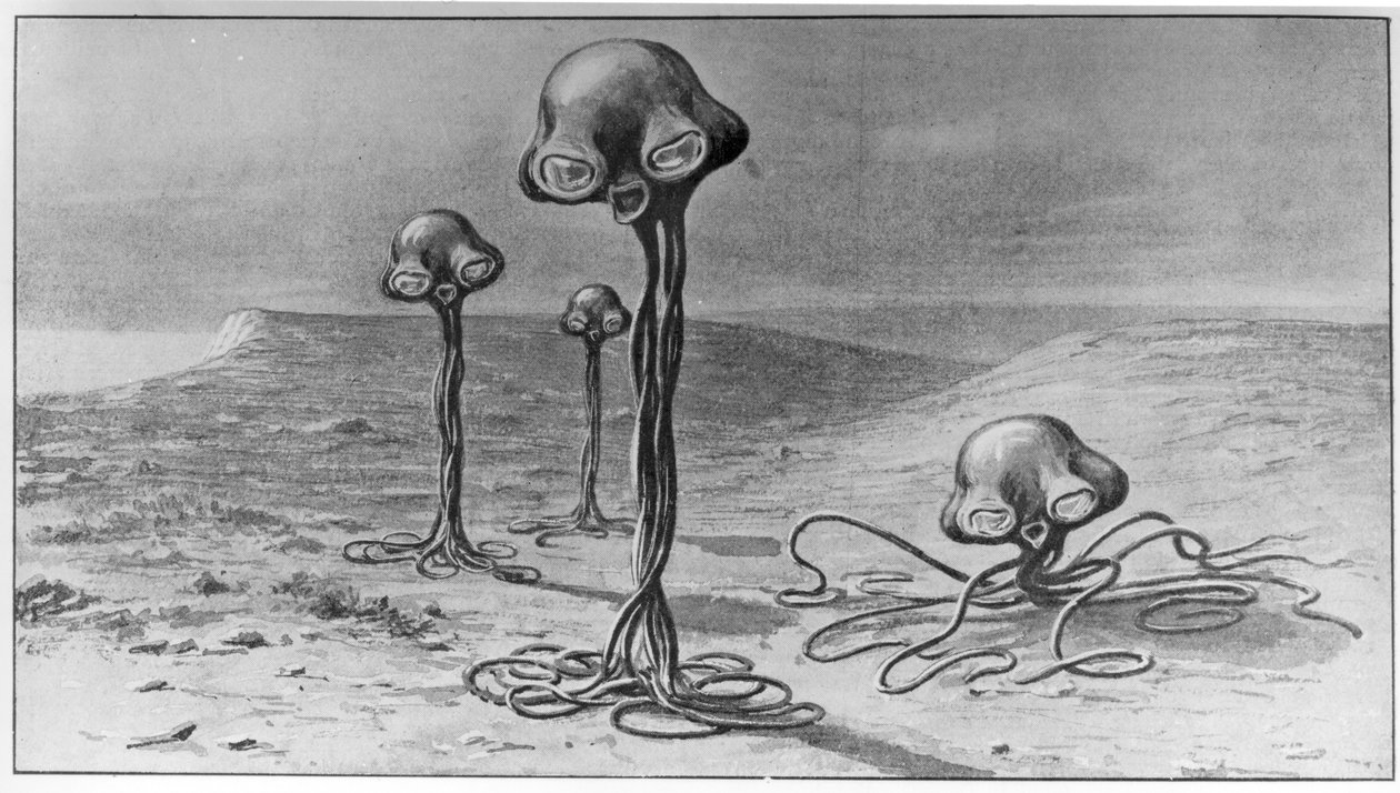 Marcianos, ilustração de &39;A Guerra dos Mundos&39; por HG Wells (1866-1946) de French School