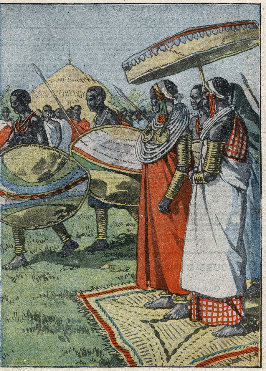 Costume Masai: após uma caçada ao leão, a guarda de honra passa diante da rainha que usa colares de arame - "Le Pelerin" 14 de outubro de French School
