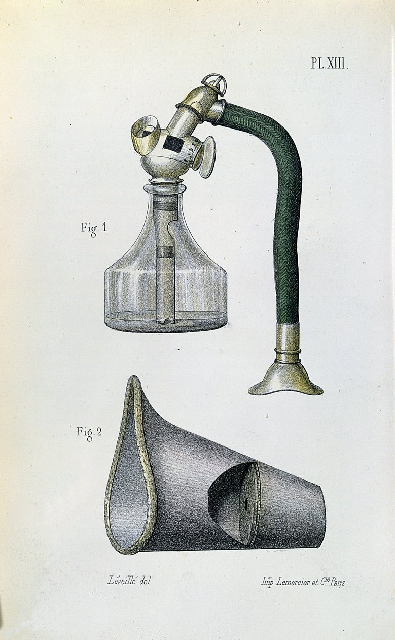 Máscara para administrar éter para anestesiar um paciente, de um manual médico de Jean-Baptiste-Leon Dubreuil de French School