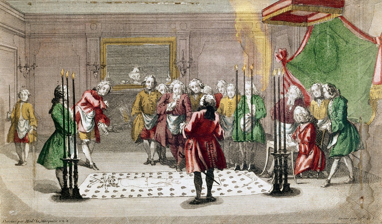 Cerimônia Maçônica na França (gravura colorida) de French School