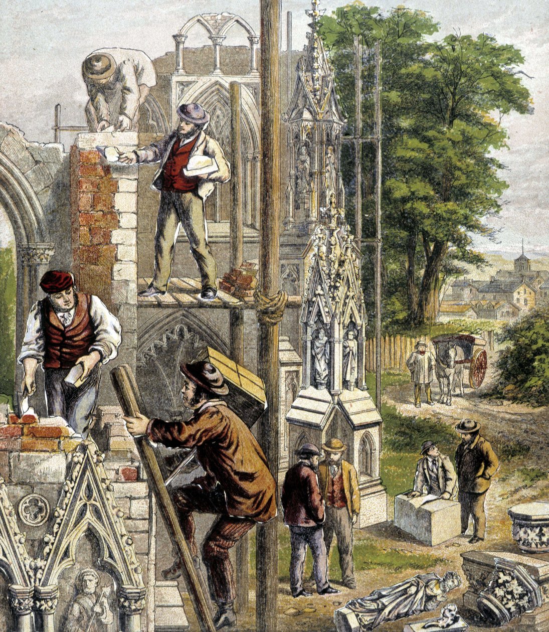 Maçons no local da construção de uma catedral - na "Loja das Crianças", Les métiers", Hachette, por volta de 1900. de French School