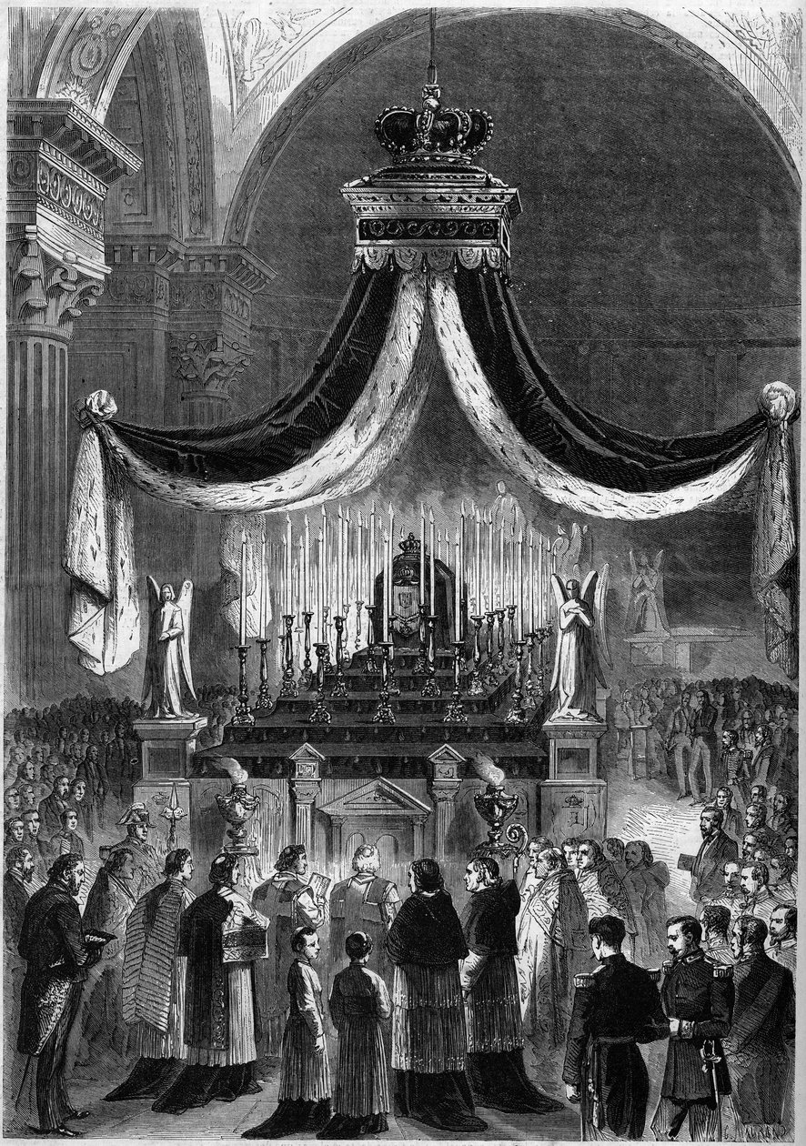 Missa celebrada na Igreja da Madeleine, em Paris, a 21 de Novembro de 1861, em memória do Rei D. Pedro V e do seu irmão, Fernand (Fernando) de Portugal. Gravura no "Le Monde Illustré" n°242 de 30 de Novembro de 1861 de French School