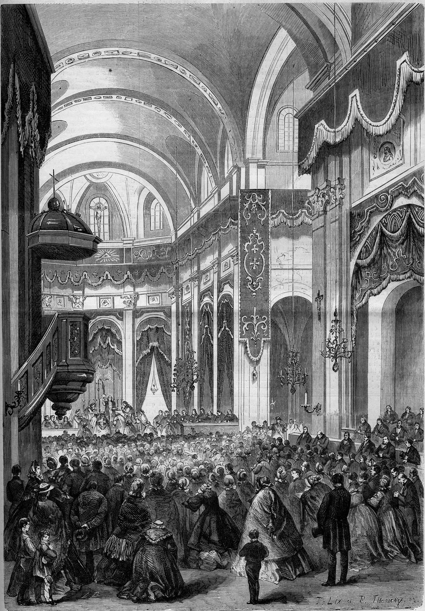 Missa de Todos os Santos celebrada na igreja de São Nicolau de Chardonnet, em Paris, decorada como São Pedro de Roma para a canonização dos mártires do Japão. 1862. Gravura no "Le Monde Illustré" n°291 de 8 de novembro de 1862. de French School