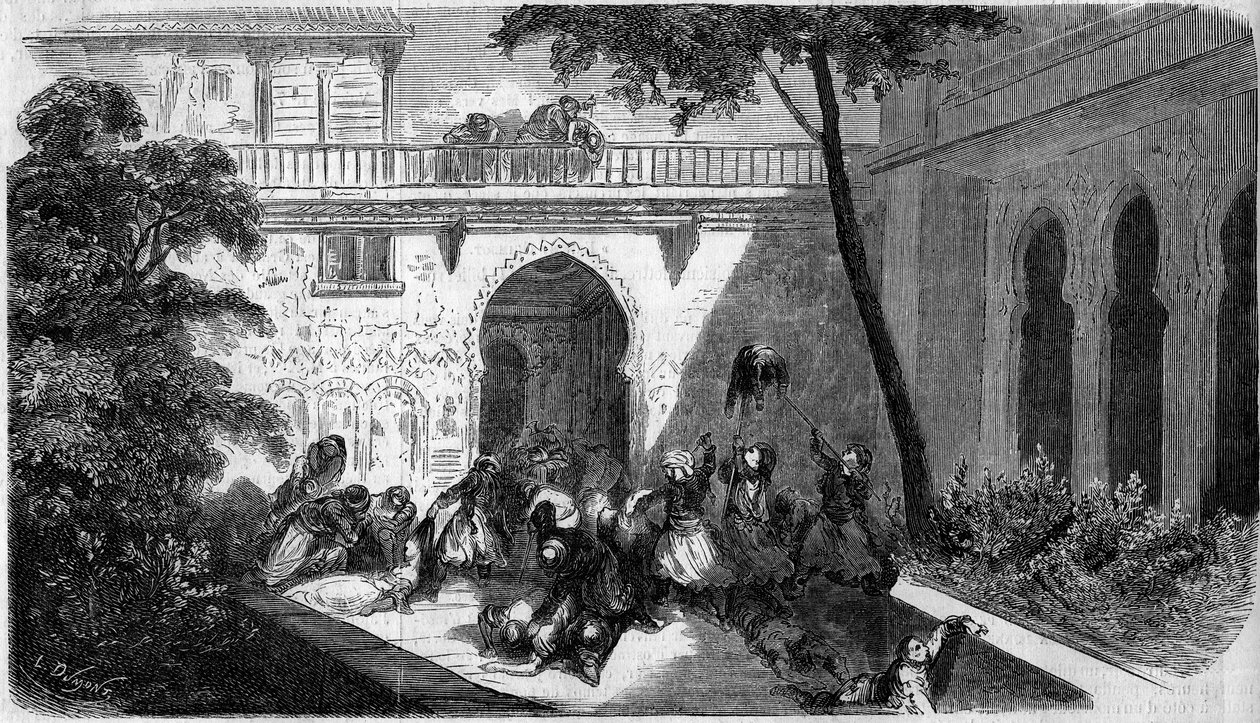 Massacre dos cristãos maronitas por Druze (Drusos) no pátio de uma casa em Deir el Kamar (Deir el Kamar), Síria de French School