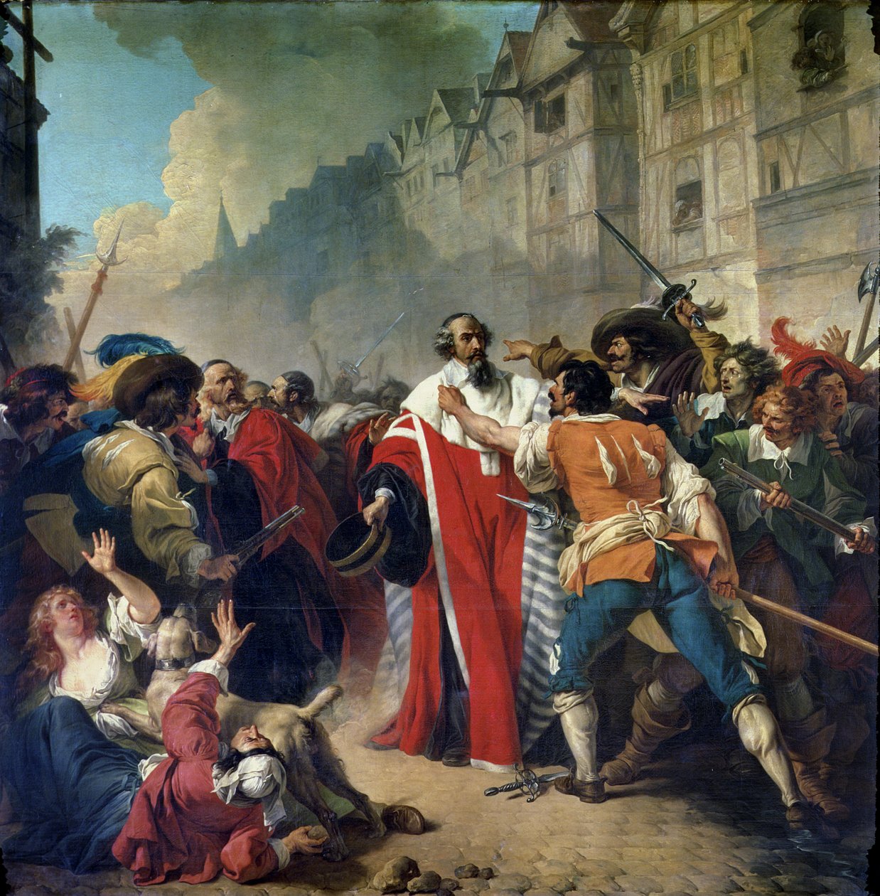 Mathieu Mole sendo parado pela multidão parisiense em seu retorno de visitar Mazarin e a rainha Ana da Áustria, 1879 de French School