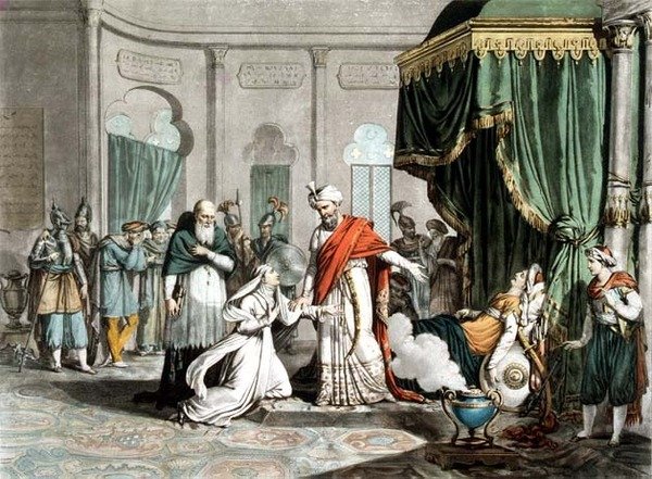 Mathilda pedindo Saladino para o corpo de Malek-Adhel, gravado por Pierre Michel Alix (1762-1817) (gravura) de French School