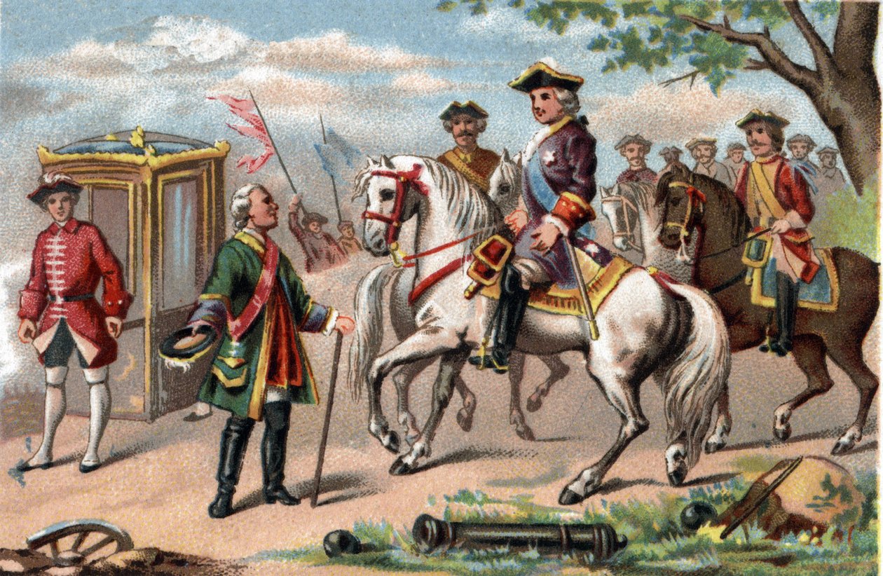 Maurice da Saxônia, marechal da Saxônia (1696-1750), vitorioso na batalha de Fontenoy, conheceu Luís XV da França (1710-1774). Cromolitografia por volta de 1890. de French School
