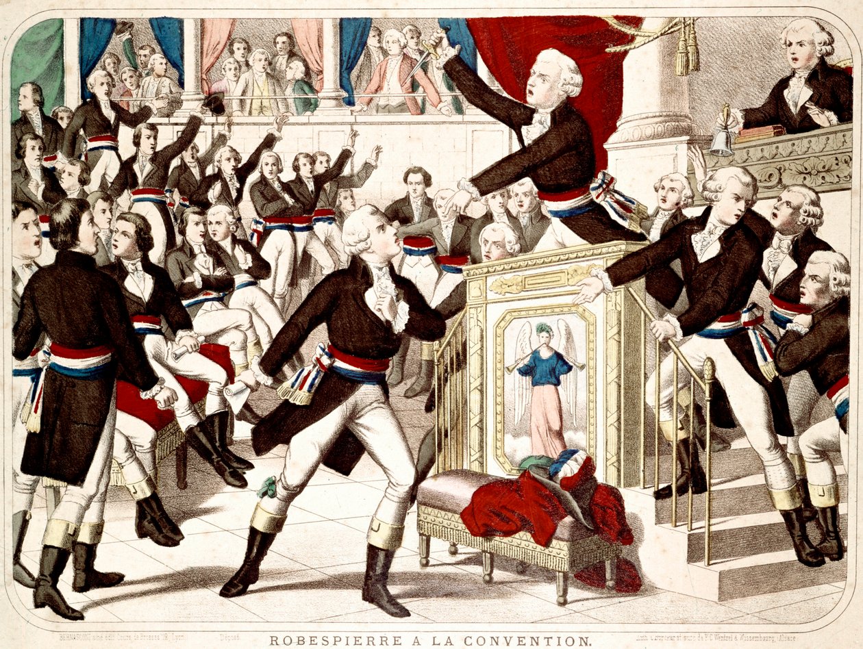 Maximilian Robespierre na Convenção (Sessão de 19 Thermidor 1794), Jean Lambert (Jean-Lambert) Tallian ameaça Robespierre com uma faca - Gravura popular da época de French School