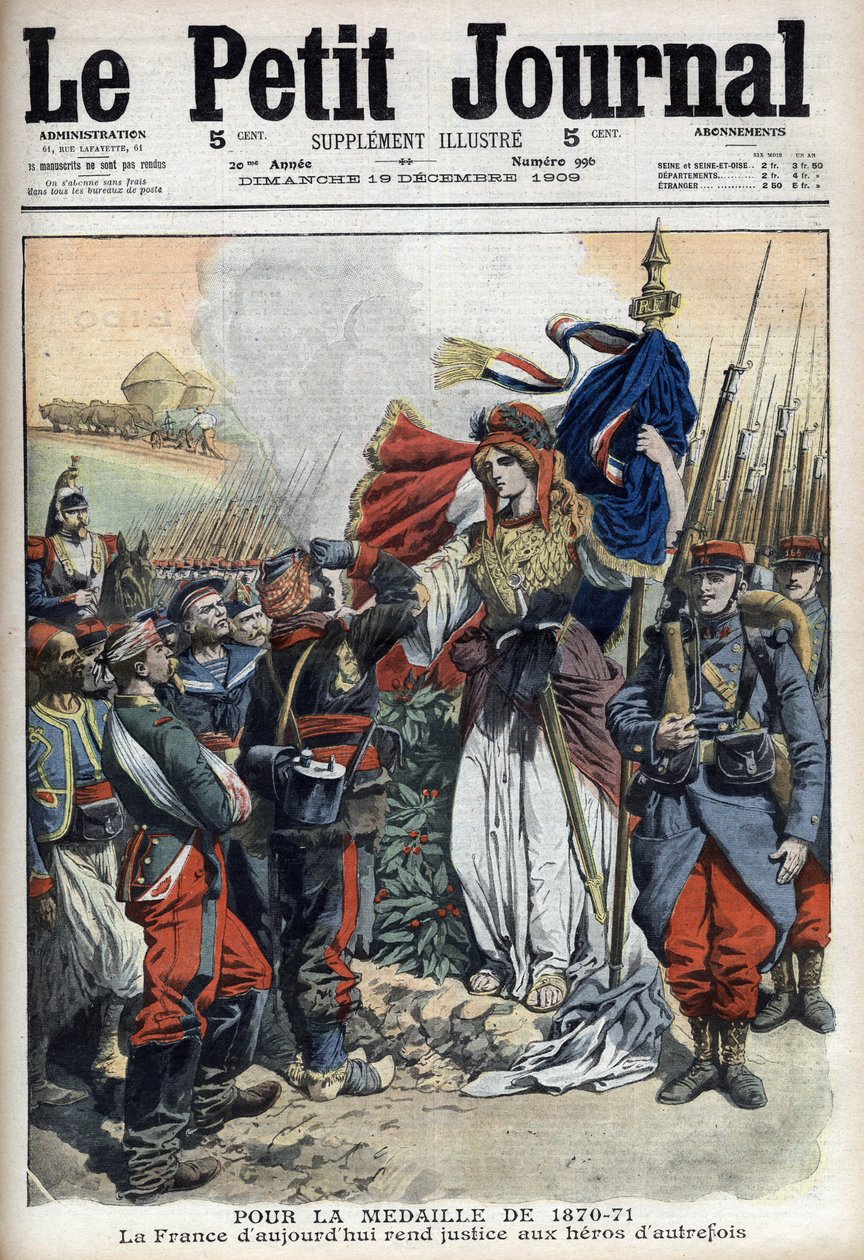 Medalha para os veteranos da guerra de 1870-1871: alegoria da França fazendo justiça aos heróis do passado - "Le Petit Journal" de 19 de Dezembro de 1909 (gravura) de French School