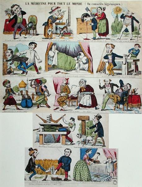 "Medicine for All or Hygienic Advice", cartoon médico satírico, meados do século XIX (gravura a cores) de French School