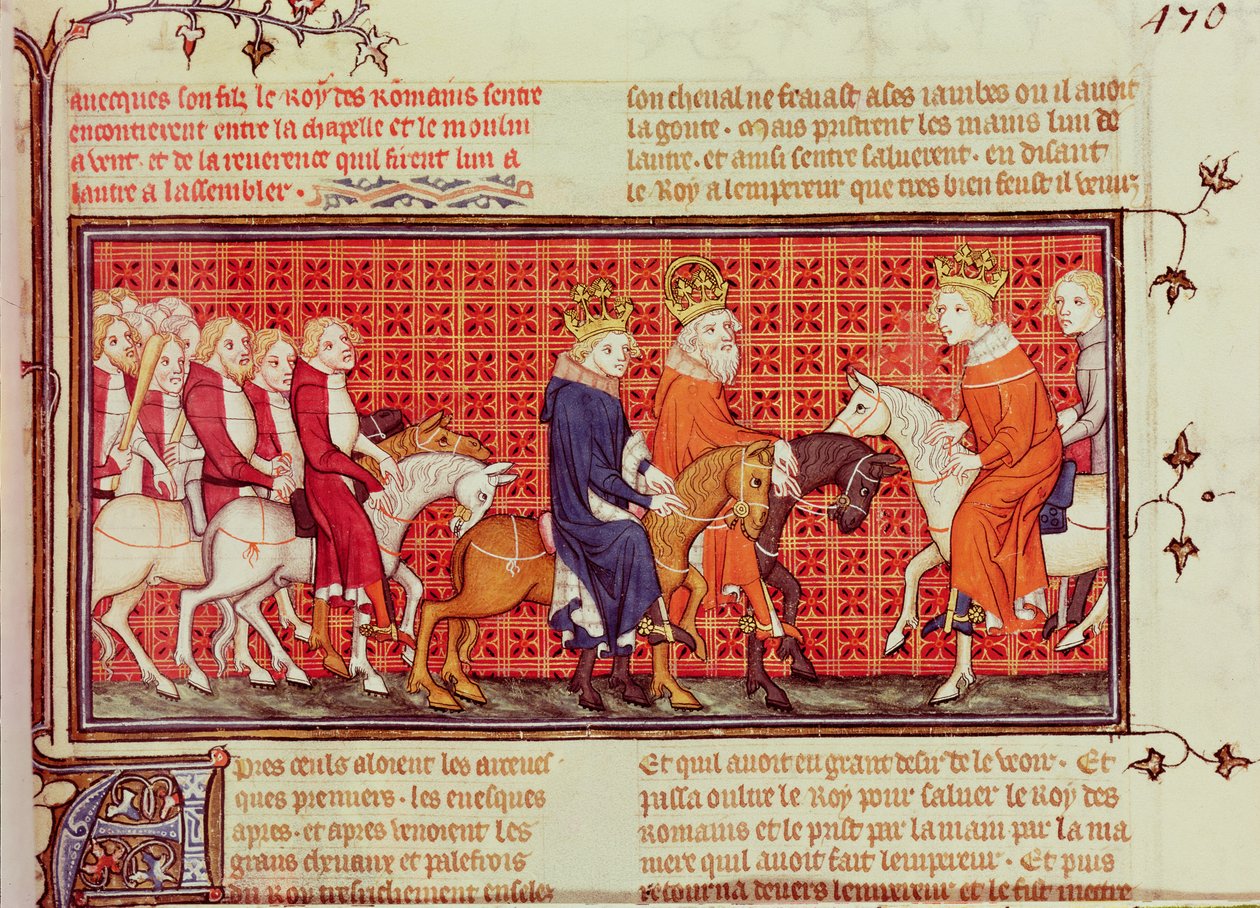 Encontro entre Carlos V (1338-80) da França e o imperador do Sacro Império Romano Carlos IV (1316-78) Acompanhado pelo rei dos romanos, de Grandes Chroniques de France de French School