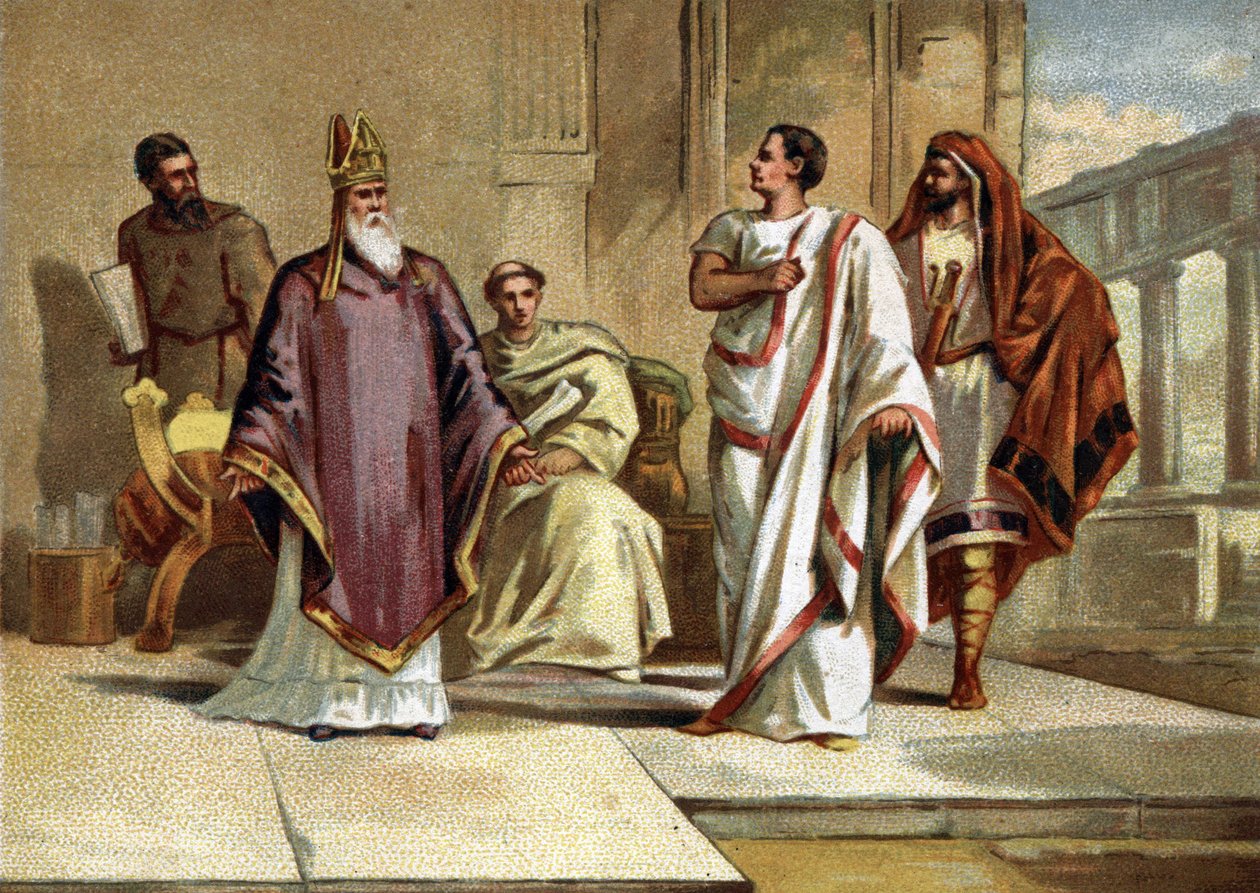 Encontro entre o imperador Flavius Júlio Valens (328-378), imperador romano e São Basílio de Cesaree ou Basílio o Grande (330-379), eveque e pai da Igreja. Cromolitografia do final do século XIX de French School