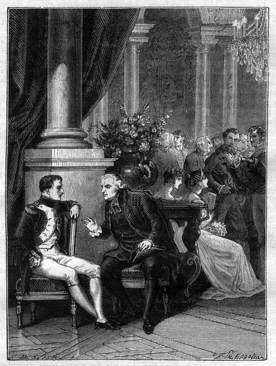 Encontro em Genes (Génova) na Itália de Napoleão I com o Cardeal Jean Siffrein Maury (1746-1817) 1805 - em "História do império seguindo a história do consulado" por Adolphe Thiers - 1879 - coleção particular de French School