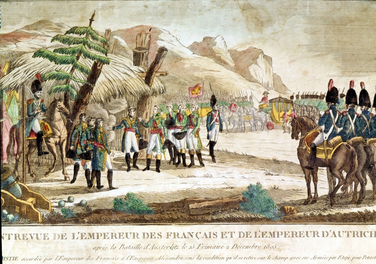 Encontro do Imperador Napoleão I e do Imperador da Áustria, Francisco II (1768 - 1835) após a Batalha de Austerlitz em 2/12/1805. de French School