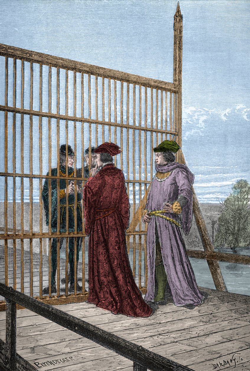 Encontro do Rei Eduardo IV e Luís XI de França em Pecquigny - Treat de Picquigny (departamento do Somme) a 29 de Agosto de 1475 entre Luís XI e Eduardo IV termina a Guerra dos Cem Anos - gravura em "L