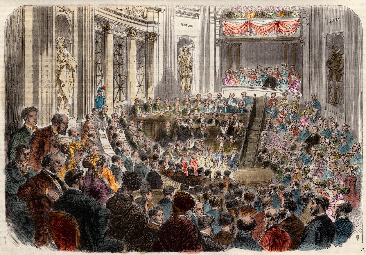 Reunião da academia francesa em 23 de Abril de 1868. Recepção de Monsieur Jules Favre (1809-1880), político francês. Gravura em "L