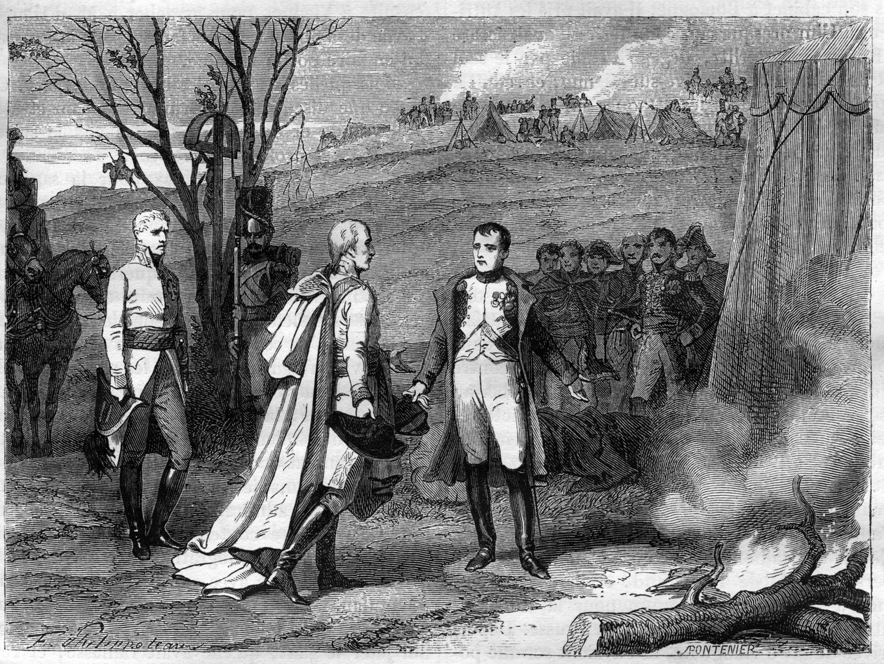Encontro de dois imperadores após a batalha de Austerlitz, 4 de Dezembro de 1805 (Napoleão Bonaparte de French School