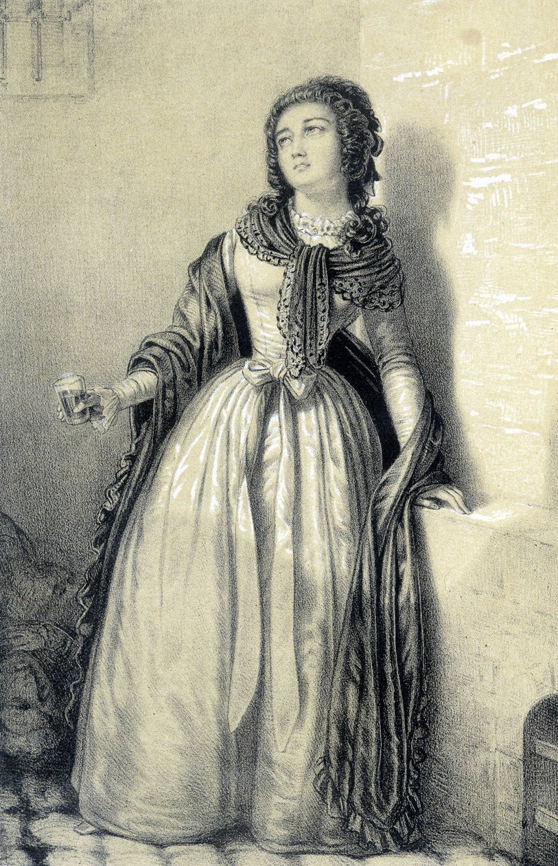 Melle (Mademoiselle) de Sombreuil, presa na abadia de Saint Germain, bebendo o copo de sangue para salvar seu pai das mãos dos revolucionários - na "Galerie historique de la Revolution Française" de Albert Maurin, ed. Paris 1843 de French School