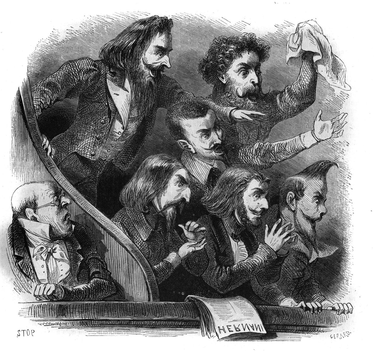 Membros do movimento literário romântico presentes na primeira representação da obra de Victor Hugo "Hernani" (1802-1885) na Comedie Francaise em Paris, 25 de fevereiro de French School