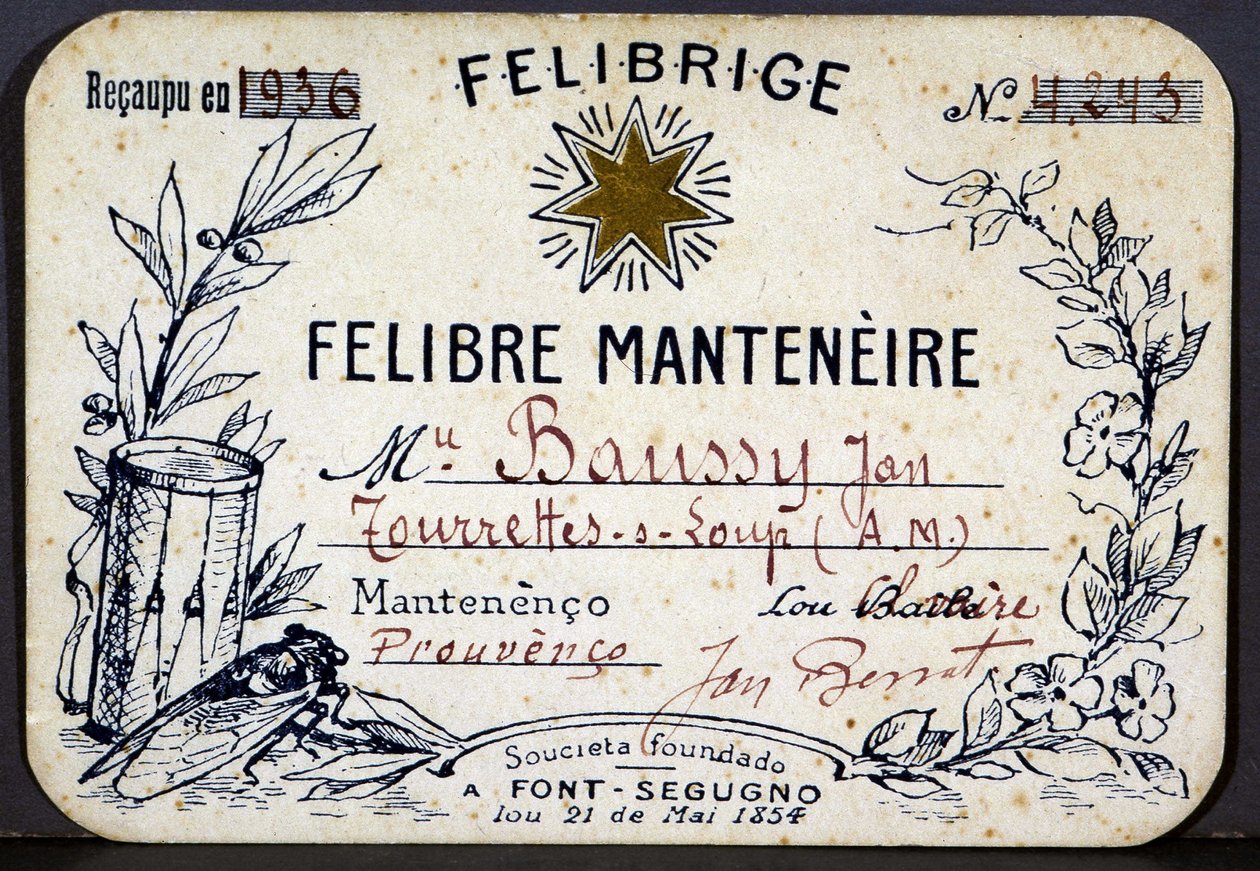 Cartão de sócio de Jan Baussy na Felibrige, Associação Felibre de French School