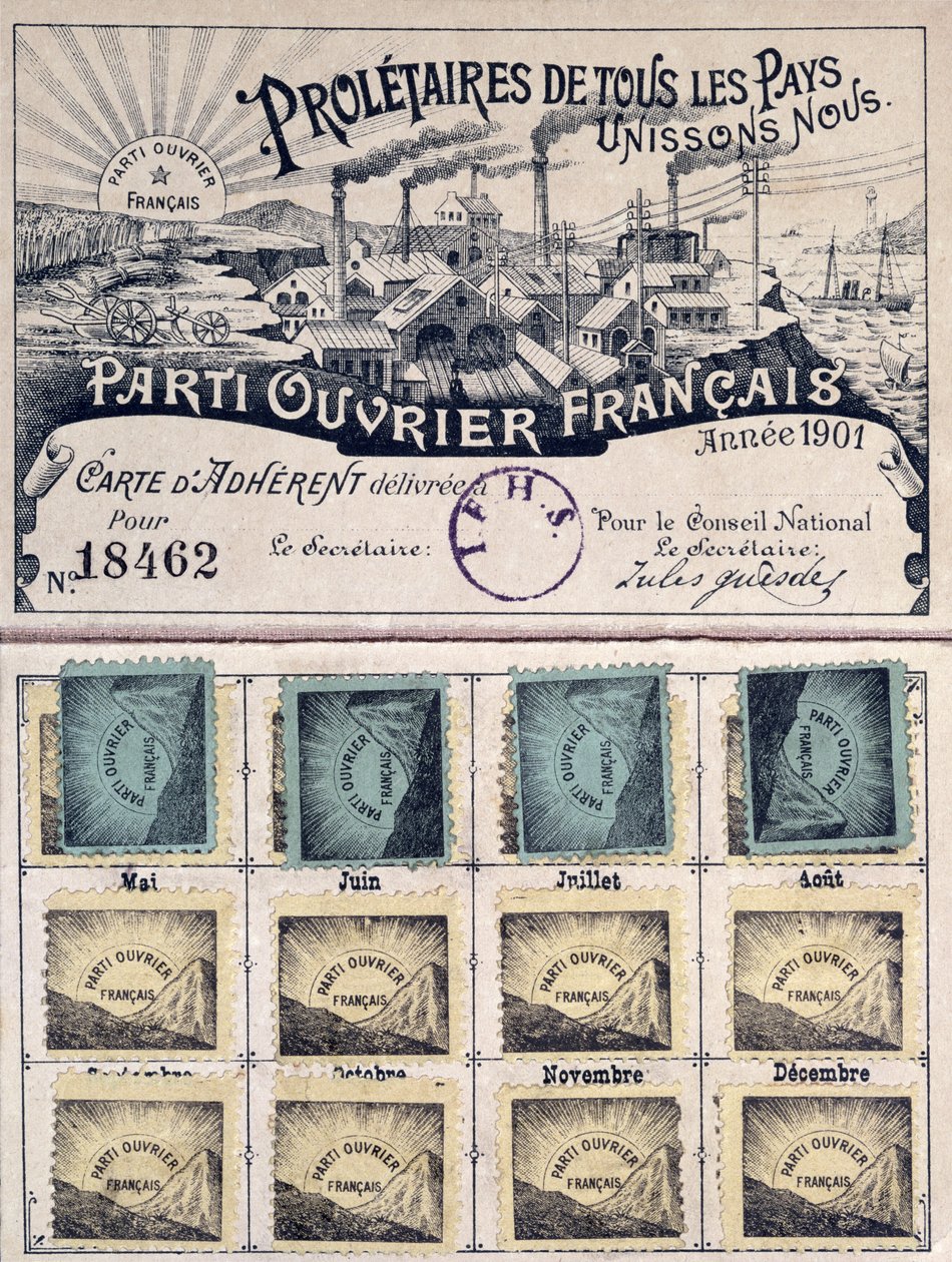 Cartão de sócio do Partido dos Trabalhadores franceses durante a liderança de Jules Guesde (1845-1922) 1901 de French School