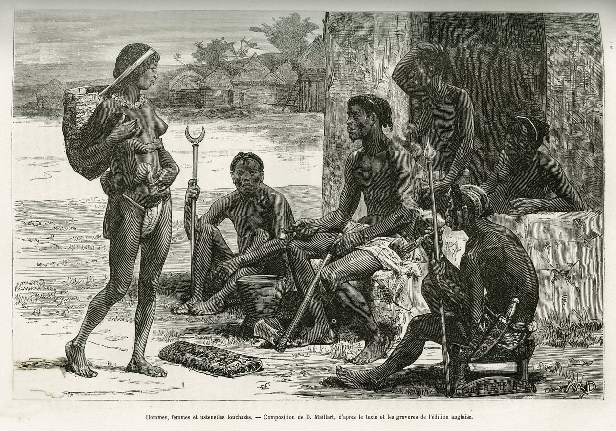 Homens, mulheres e utensílios (região de Bihe, Ruanda). Gravura de D. Maillart, para ilustrar a história Como atravessei a África, do Oceano Atlântico ao Oceano Índico, do Major Serpa Pinto, em 1877-1878, publicada no Tour du monde, sob a direção de Ed de French School