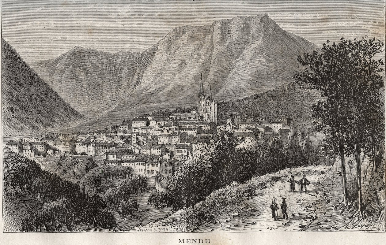 Mende - Lozere na região Languedoc-Roussillon - gravura em "La France illustree: geographie, histoire, administration statistique" de V.-A. Malt-Brown. 1884 de French School
