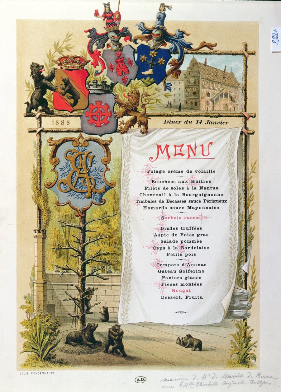 Menu, possivelmente de Le Bernois, 14 de janeiro de 1888 de French School