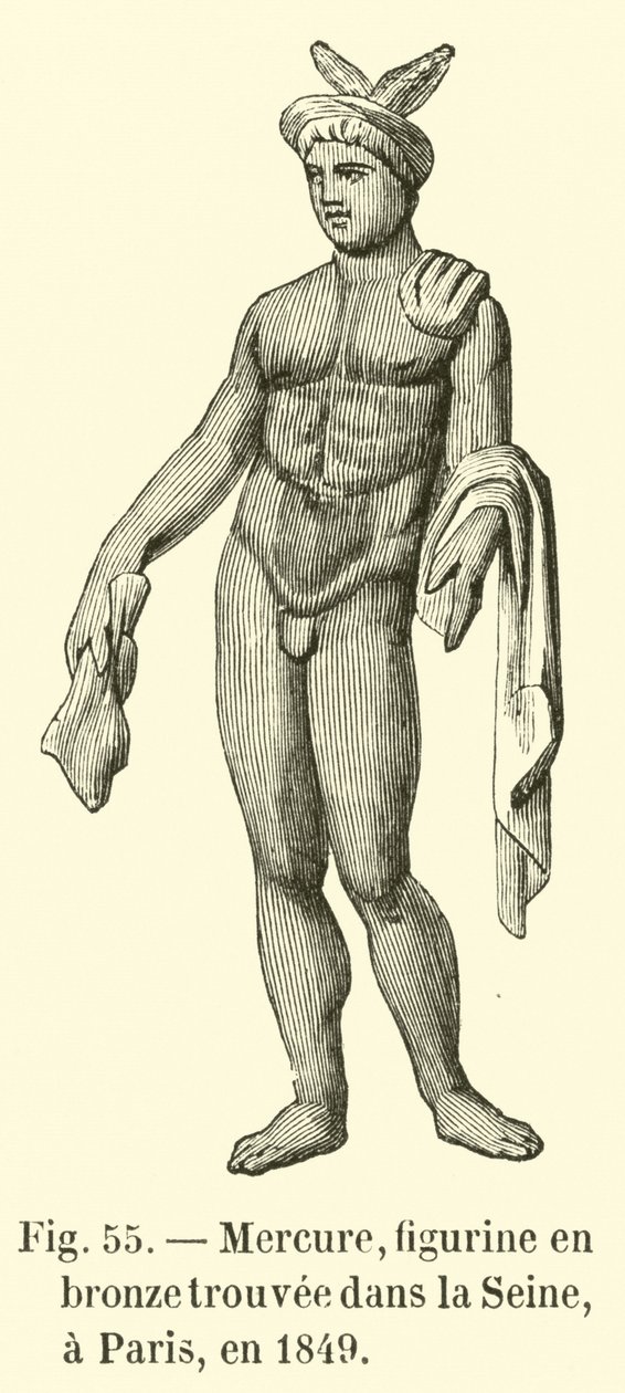 Mercúrio, estatueta de bronze encontrada no Sena, em Paris, em 1849 (gravura) de French School