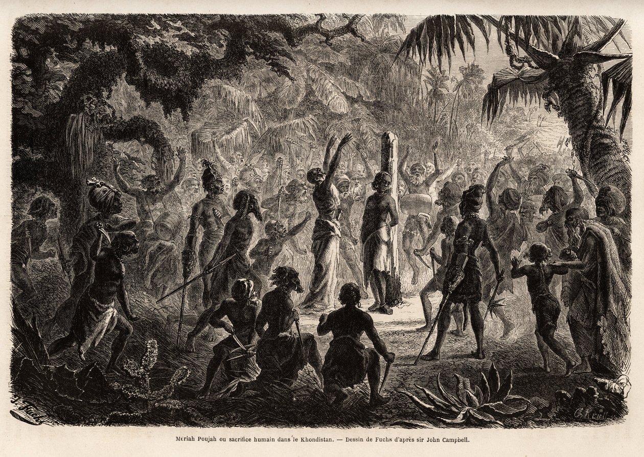 Meriah Pujah ou sacrifício humano, Khondistan (Índias Inglesas). Desenho de Fuchs, para ilustrar o estudo do Major John Campbell sobre os sacrifícios humanos nas Índias Inglesas de French School