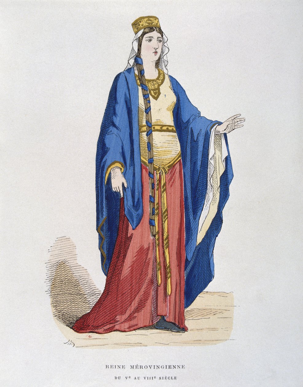 Rainha Merovíngia, de c05th a c08th, de trajes civis e militares dos franceses através dos séculos de French School