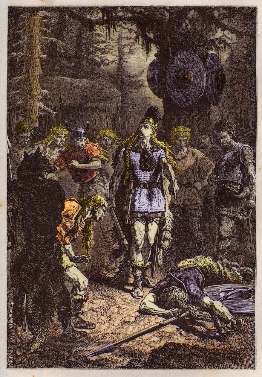 Merovingiens: Clovis 1er a abater o soldado que tinha partido o vaso de Soissons, em 486 - Clovis (465-511) e o guerreiro franco que partiu o vaso de Soissons em 486 - gravação de "L