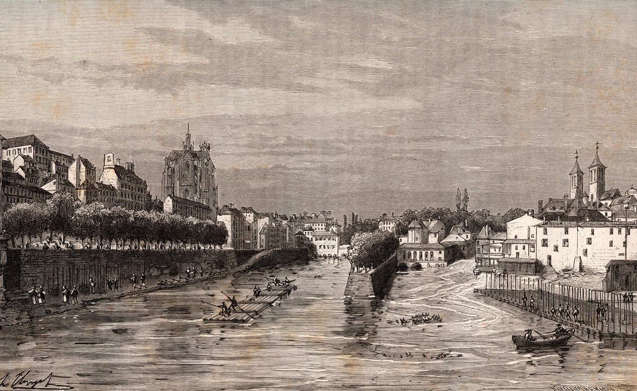 Metz - vista do porto Saint-Georges - Moselle - gravura em "La France illustree: geographie, histoire, administration statistique" de V.A. Malt-Brown. 1884 de French School