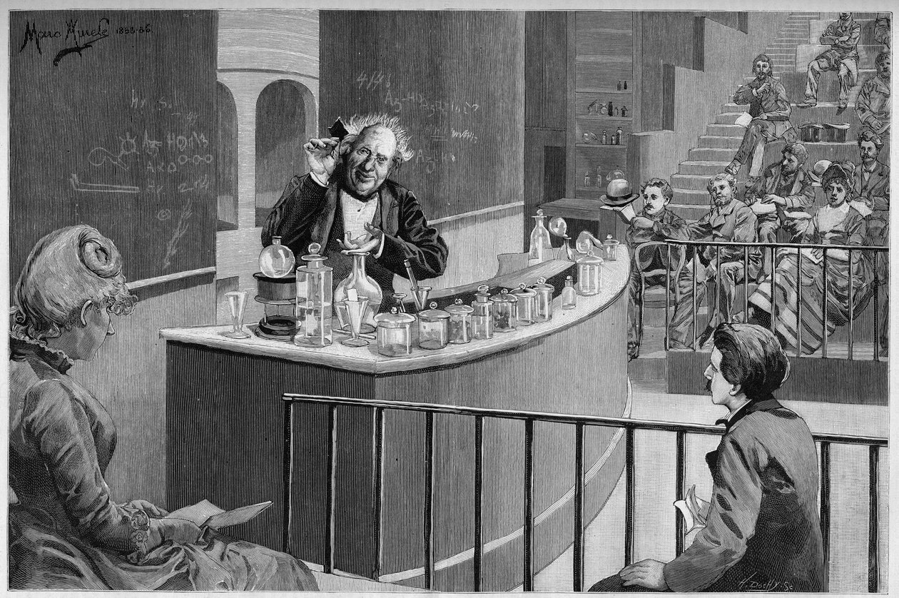 Michel Eugene (Michel-Eugene) Chevreul (1786-1889) deu sua corte de química no anfiteatro do Museu de História Natural de Paris, em "O Mundo Ilustrado" 1886. de French School