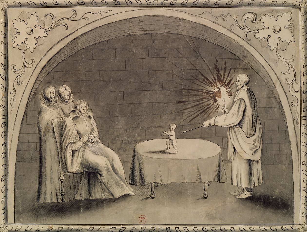 Michel de Nostradame (1503-66) e Catarina de Médicis (1519-1589) 1559 (caneta e tinta e papel lavado) de French School
