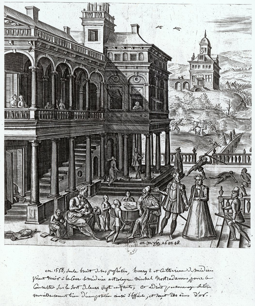 Michel de Nostradame (1503-66), sendo consultado sobre o destino dos sete filhos de Catarina de Médicis (1519-1589) e Henri II (1519-59) 1548 de French School