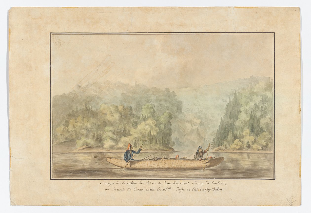 Micmacks em sua canoa de casca de bétula; Estreito de Canso entre a Nova Escócia, na ilha de Cape Breton de French School