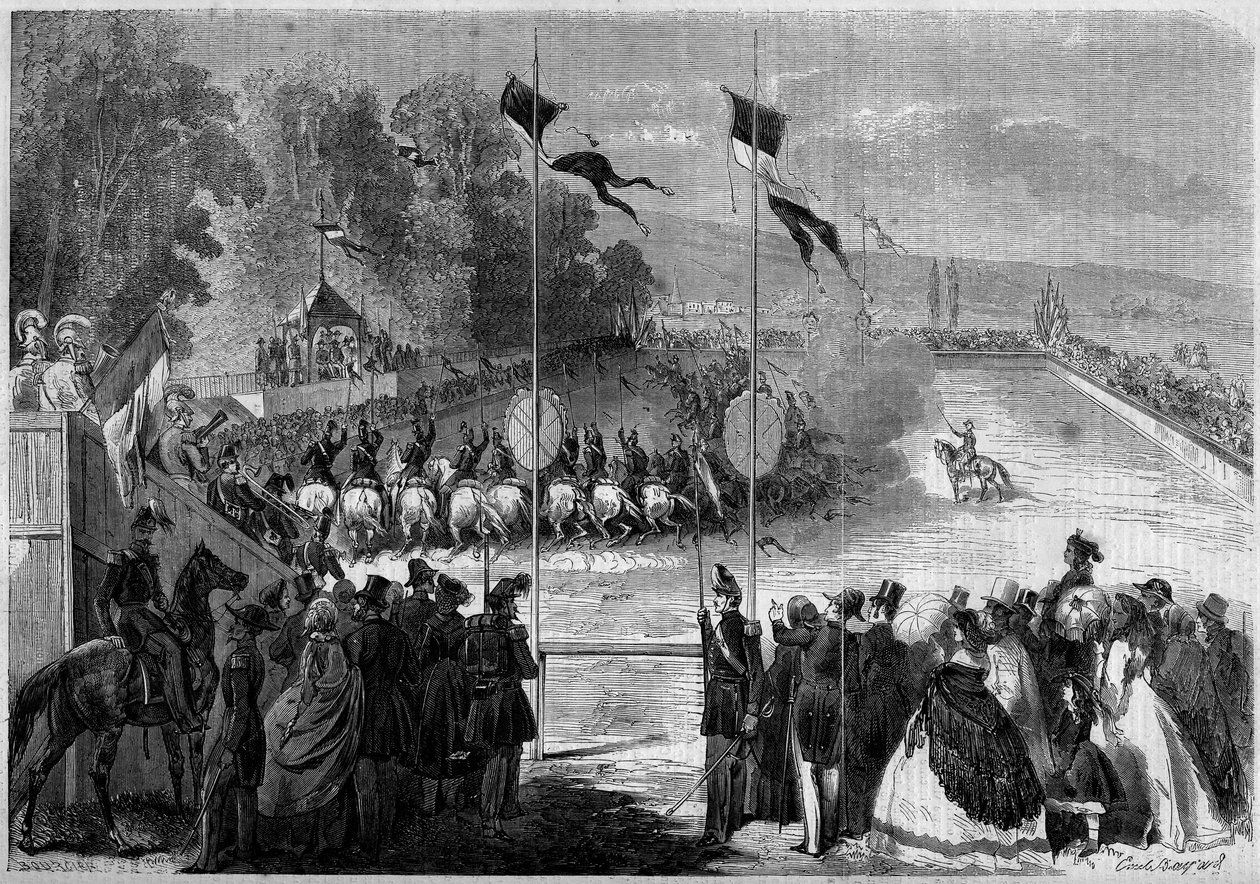 Carrossel militar executado pelos alunos de Saint Cyr (Saint-Cyr). Morbihan (56), 31 de Agosto de 1861. Gravura no "Le Monde Illustré" n°230 de 7 de Setembro de 1861. de French School