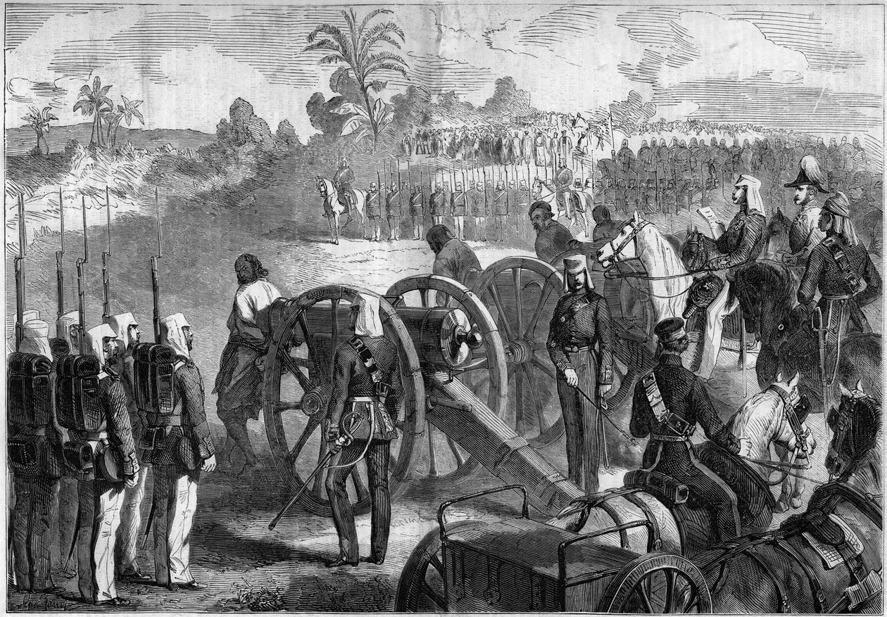 Execução militar de revoltas indígenas pelo exército inglês. Os condenados são amarrados à boca das armas antes de serem executados. Índia de French School