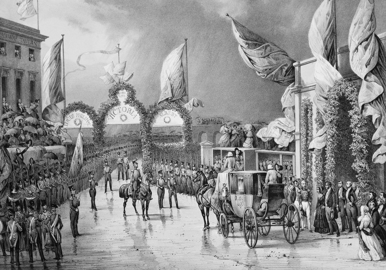 Honras militares ao Rei a Gosport - Louis Philippe 1º (1773-1850), Rei dos franceses, Príncipe Alberto (1819-1861) e Vitória (1819-1901), Rainha de Inglaterra na Estação de Gosport durante a viagem oficial de Louis-Philippe à Grã-Bretanha (1844) - Louis-Ph de French School