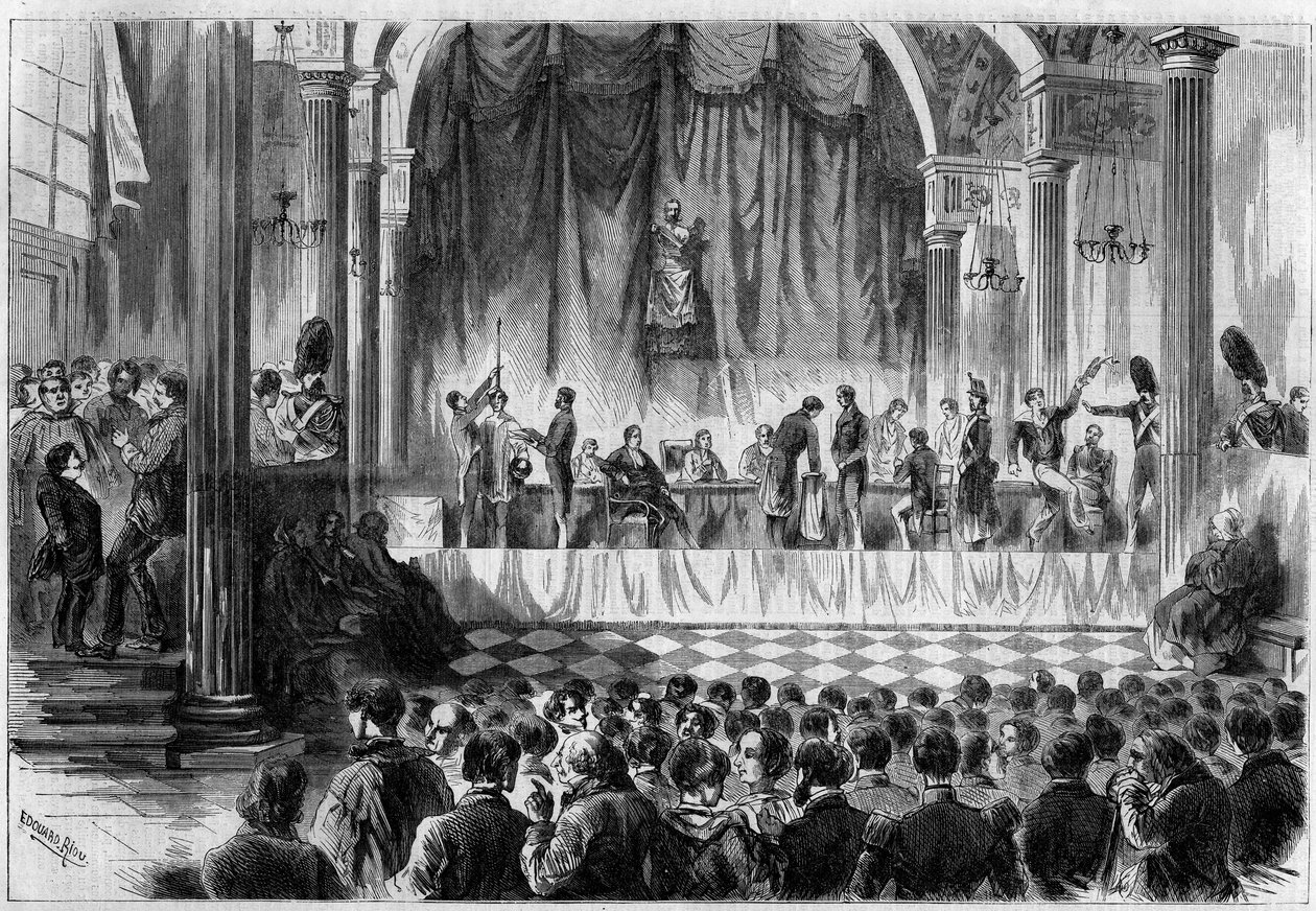 Recrutamento militar: sorteio para recrutas de 1858, no quarto Saint Jean do Hotel de Ville, em Paris. Gravura no "Le Monde Illustré" n°44 de 13 de Fevereiro de 1858. de French School